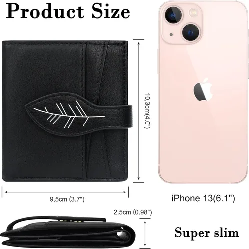 Vista 4 de CONISY Cartera pequeña para mujer, con bloqueo RFID, de piel, delgada, plegable, bolsillo frontal, cartera para mujer con cremallera, Negro