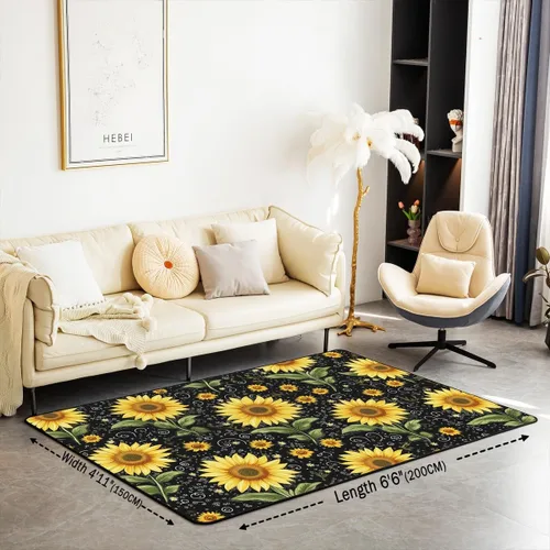 Vista 2 de Alfombra de área de girasol de 3 x 5 pies, alfombra de abeja para niños y niñas, alfombra decorativa floral amarilla, bonita alfombra decorativa