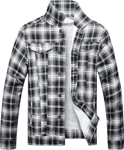 Vista 9 de LAMKUKU Chaqueta de mezclilla para hombre rasgada ajustada, abrigo de chaqueta vaquera para hombres