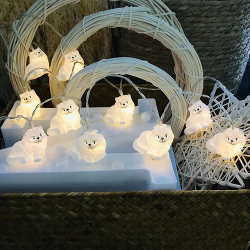 Vista 13 de Guirnalda de luces blancas de gato persa alimentadas por USB, lindo adorno de animales, luces LED de hadas para fiesta de Halloween, dormitorio Gato