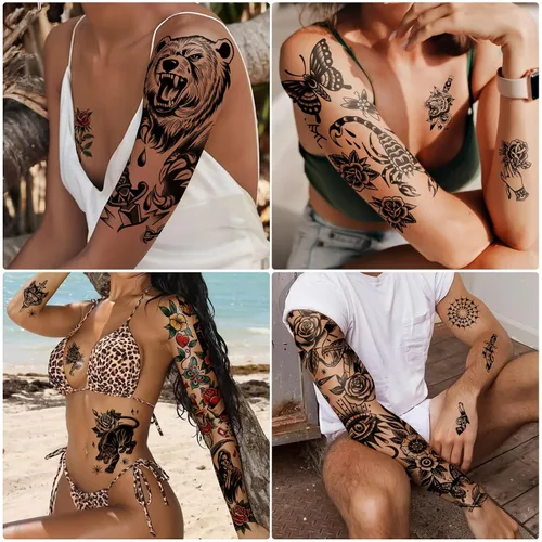 Vista 3 de Tatuajes temporales para adultos, manga completa, tatuajes falsos tradicionales de la vieja escuela, tatuajes de rosas de flores para mujeres