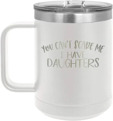 Vista 19 de You CANT SCARE ME I Have DAUGHTERS Taza de café negra de 15 oz con tapa deslizante Taza de café de viaje aislada Ideas de regalo del día