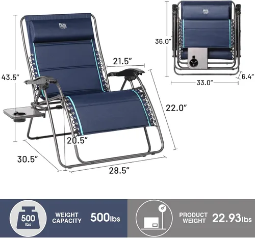 Vista 3 de TIMBER RIDGE Silla reclinable de gravedad cero extra grande, de 33 pulgadas de ancho XXL, con mesa auxiliar, silla de salón acolchada completa