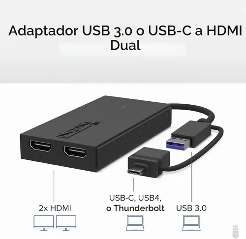 Vista 2 de Adaptador de monitor dual Plugable para sistemas macOS M1/M2/M3/M4, Windows, ChromeOS. Amplia compatibilidad - Adaptador Thunderbolt, USB-C, USB 3.0