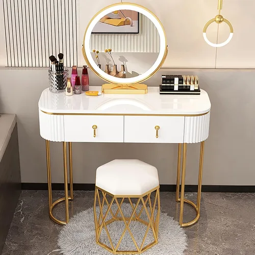 Vista 17 de Escritorio de tocador con espejo iluminado, mesa de tocador de lujo ligera con luces, 3 modos de iluminación de color, brillo ajustable, mesa