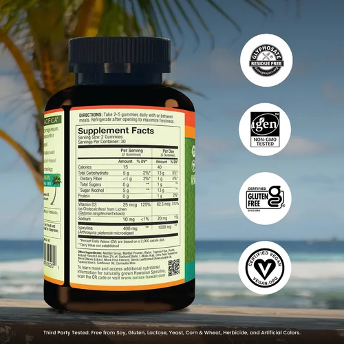 Vista 2 de Nutrex Hawaii Gomitas de espirulina hawaiana pura, sin azúcar, superalimento vegano más vitamina D3, cultivado en granja en Kona, sin OMG, 60