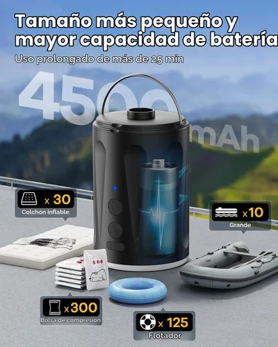 Vista 6 de Bomba de aire eléctrica, bomba de colchón de aire recargable, bomba de aire con batería con luz de campamento, 4 boquillas para camas de colchón