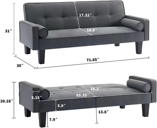 Vista 2 de Sofá cama de tela moderna, sofá biplaza convertible con 2 almohadas y reposabrazos, sofá reclinable plegable de 75 pulgadas con patas de madera