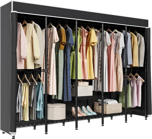 Vista 7 de Higeego Perchero de Ropa Resistente de 94.5" de Ancho con Cubierta, Perchero de Ropa H5C con Estantes Ajustables Armario Closet Independiente
