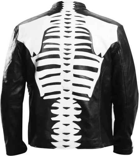 Vista 4 de CHICAGO-FASHIONS Halloween Cosplay - Mens Skeleton Bones Black Leather Jacket - Cafe Racer Biker Skull Motorcycle Jacket