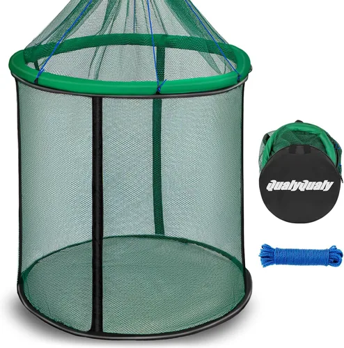 Vista 9 de QualyQualy Floating Fish Basket 41/73 Gallons Extra Large for Live Caught, Fully Foldable Fishing Net Holder for Bait Live Well Collapsible Mesh