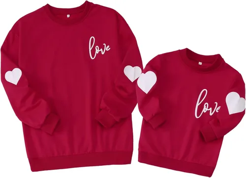 Vista 9 de MODNTOGA Mommy and Me - Sudadera de cuello redondo con cuello redondo y estampado de corazón, manga larga, sudadera familiar a juego Niño-rosa