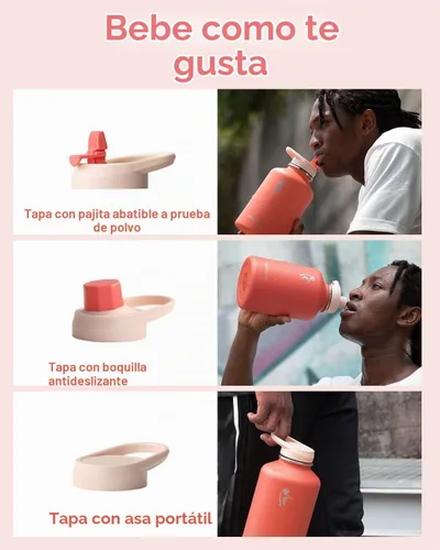 Vista 6 de Coolflask Botella de agua de 64 onzas aislada con funda de cuero PU, botella de agua de medio galón con contraste de color y tapa con popote, jarra