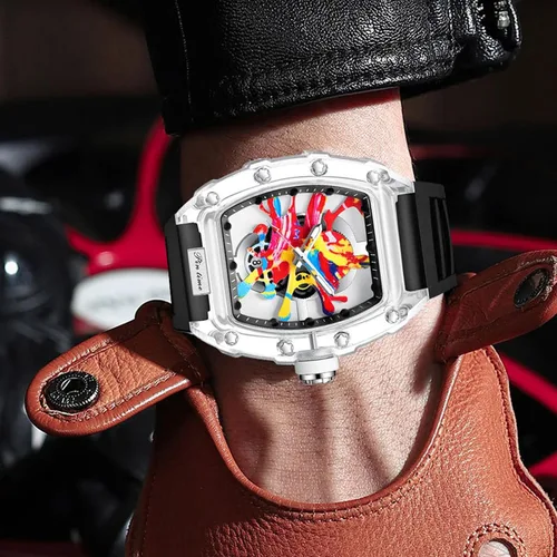 Vista 6 de PINTIME Tonneau de lujo para hombre, diseño de graffiti punk con esfera artística, hip-hop, movimiento japonés, diseño luminoso con banda de silicona