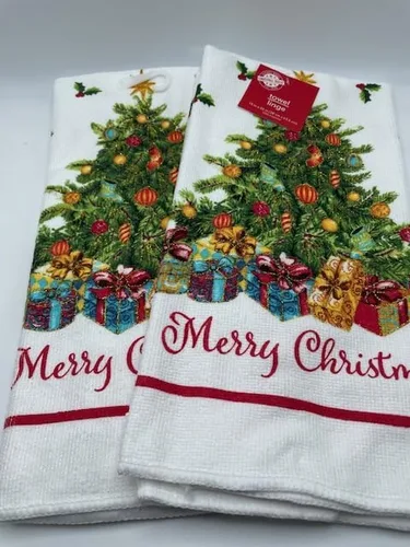 Vista 2 de Juego de 2 paños de cocina con texto en inglés "Saying Merry Christmas".