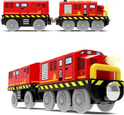 Vista 2 de Tren a pilas para pistas de madera, juguetes de tren motorizado para juego de vías de ferrocarril, juguete de tren eléctrico con tren de control