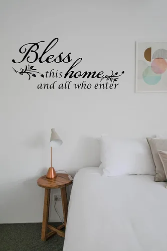 Vista 8 de Decoración de calcomanía de vinilo con texto en inglés “Bless This Home and All who Enter”, para la entrada o la sala de estar