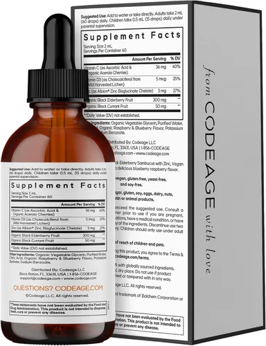 Vista 9 de Codeage Elderberry Vitamins Pro – Gotas líquidas de saúco negro orgánico – Vitamina C, D3, zinc, grosella negra – Suministro de 2 meses – Líquido