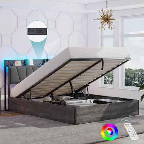 Vista 12 de LUXOAK Marco de cama de almacenamiento elevable tamaño King con luces LED, cabecera tapizada de lino con estación de carga, marco de cama de Negro