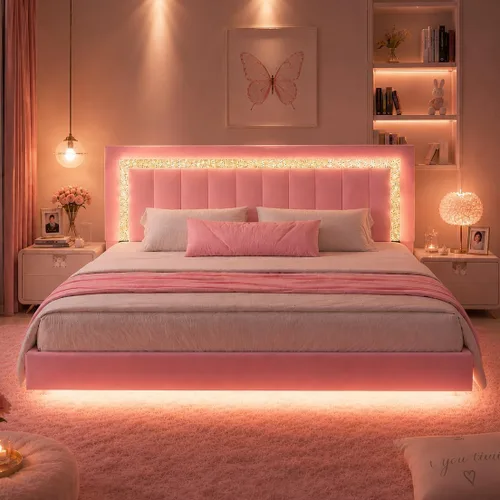 Vista 12 de HOMBCK Base de cama flotante individual con luces LED inteligentes, cama de plataforma tapizada de piel sintética con cabecera de diamante, no Negro