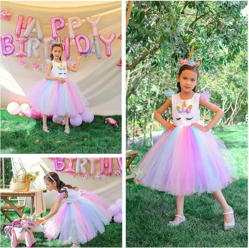 Vista 2 de PinkBeautiM Vestido tutú de unicornio para niñas, disfraz de unicornio de lentejuelas para niña con diadema, vestidos de fiesta de cumpleaños de 3 a