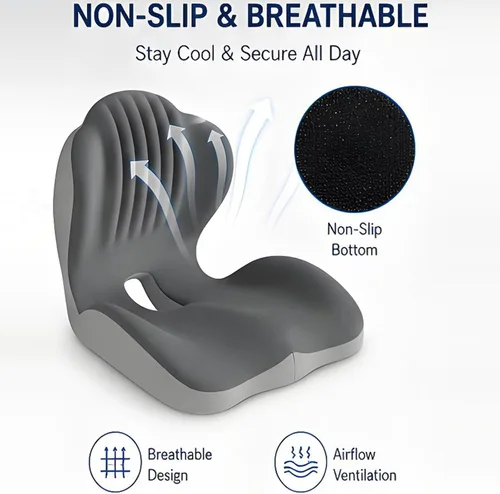 Vista 4 de Cojín ergonómico de espuma viscoelástica, cojín de asiento con soporte lumbar integrado, espuma viscoelástica antideslizante con diseño integrado