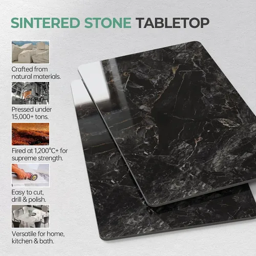 Vista 6 de Mesa rectangular de 23.6 x 11.8 pulgadas, mesa de piedra sinterizada negra, repuesto y cubierta de mármol para escritorio, resistente a los arañazos