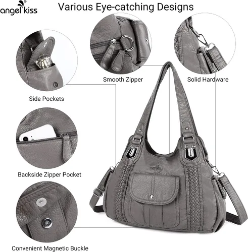 Vista 5 de Angelkiss - Bolsos y bolsos de mano para mujer, de cuero vegano lavado, bolso cruzado de hombro