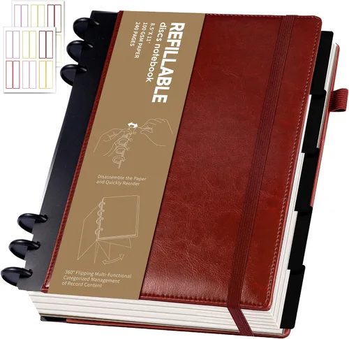 Vista 15 de Yoment - Cuaderno de diario de cuero para trabajo, recargable, 224 páginas, 100 GSM, papel grueso, cuaderno de 5 materias con separadores y pestañas