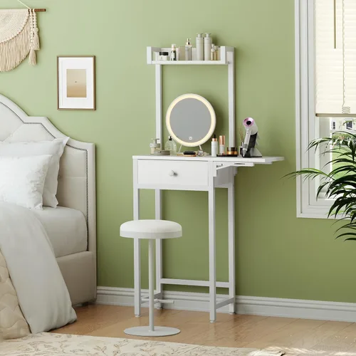 Vista 8 de YATINEY Escritorio pequeño sin espejo, mesa de tocador de maquillaje para espacios pequeños, tocador blanco compacto con panel plegable y cajón