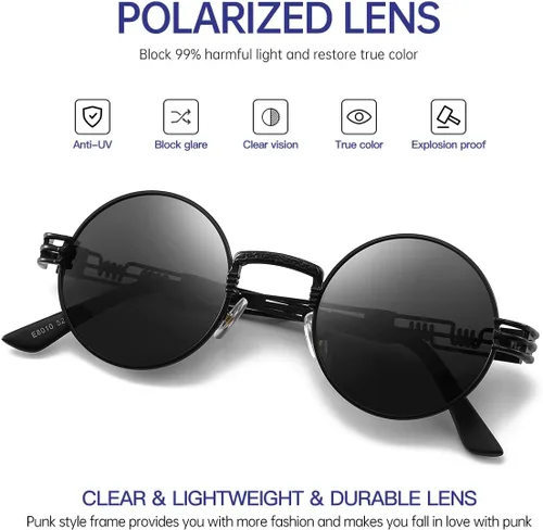 Vista 4 de Round Polarized Steampunk Sunglasses Men, Circle Metal Frame, Hippie Shades
