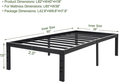 Vista 2 de 45MinST Marco de Cama de Plataforma de 18 Pulgadas/Base de Colchón de Fácil Montaje / Listón de Acero Resistente de 3000lbs/Sin Ruido/No Necesita