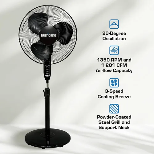 Vista 2 de Hurricane Supreme - Ventilador oscilante de pedestal con 3 velocidades silenciosas, color negro, 16 pulgadas - Unidad de enfriamiento de aire