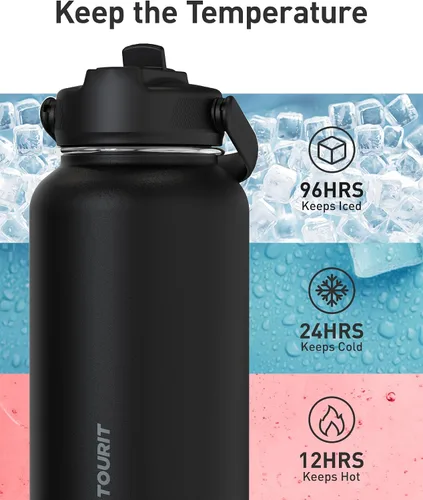 Vista 4 de TOURIT Botella de agua aislada de 32 onzas, botella de acero inoxidable con popote, aislamiento al vacío de doble pared para bebidas frías