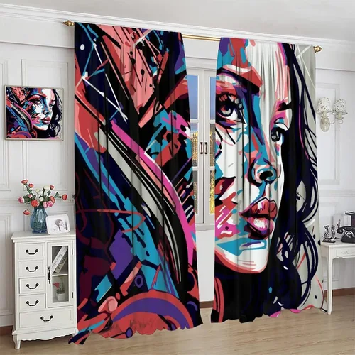 Vista 4 de Cortinas de pared de ladrillo, arte pop de grafiti, hermosas cortinas con estampado de chicas americanas para adolescentes, dormitorio, sala