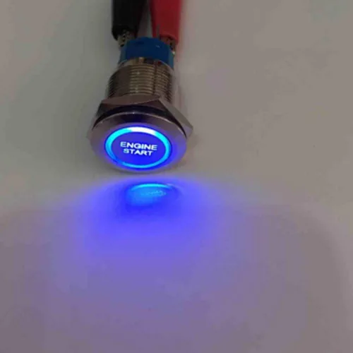 Vista 2 de ESUPPORT Interruptor de palanca de metal con botón de contacto momentáneo, luz LED azul, de 12V, para auto, vehículo, faro, 19mm, para arranque