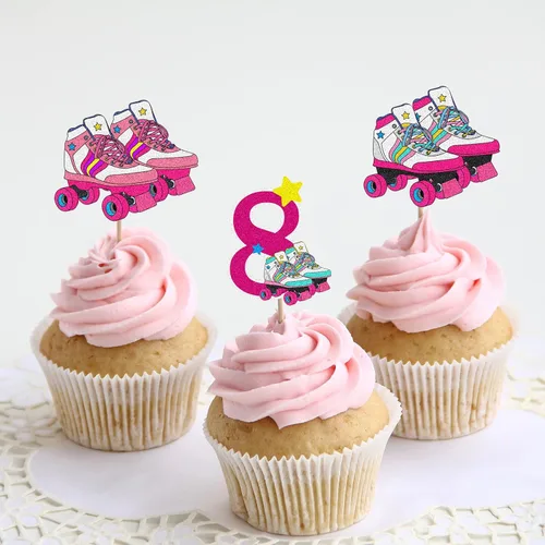 Vista 3 de 18 piezas de decoración de cupcakes de patinaje sobre ruedas para cumpleaños de 8 años, para niñas, patinaje sobre ruedas para fiesta de cumpleaños