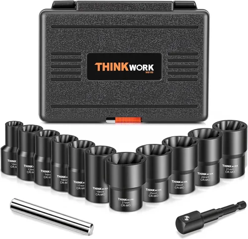 Vista 10 de THINKWORK Herramienta de extracción de tuercas de rueda de 1/2 pulgada, kit de extracción de bloqueo de rueda de 5 piezas, removedor de tuercas