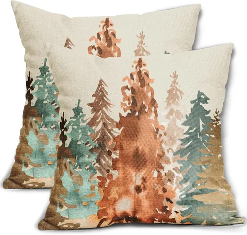 Vista 10 de Juego de 2 fundas de almohada de árbol de acuarela de invierno de 16 x 16 pulgadas, color azul y verde, estilo rústico, estampado de bosque natural