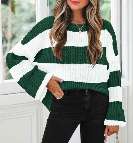 Vista 81 de ZESICA Suéter tejido sin botones de manga larga y cuello redondo, a rayas, bloques de color, cómodo, holgado, talla extragrande para mujer de 2024