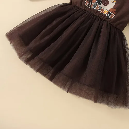 Vista 5 de Vestido de Acción de Gracias para niña pequeña vestido de manga larga con volantes vestido de tul de pavo con diadema