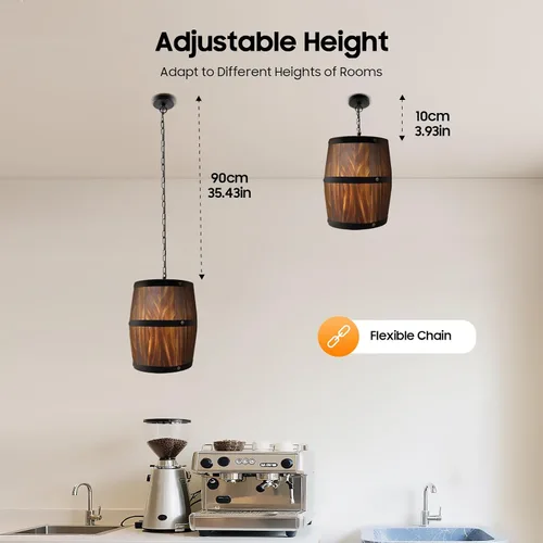 Vista 2 de Candelabro rústico de madera con barril de vino, con certificación UL, lámpara colgante vintage con cadena ajustable (3.9-35.4 in), enchufe E26