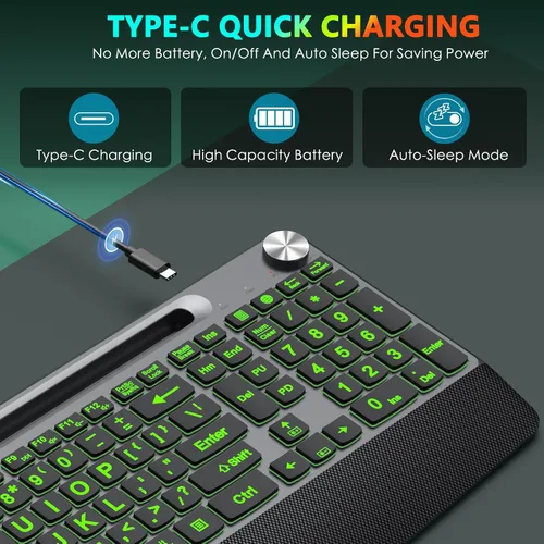 Vista 5 de JOYACCESS Large Print Backlit Wireless Keyboard,2.4G Full Size Ergonomic Keyboard with Wrist Rest, 7-Color Light up and Oversiez Letter for Computer