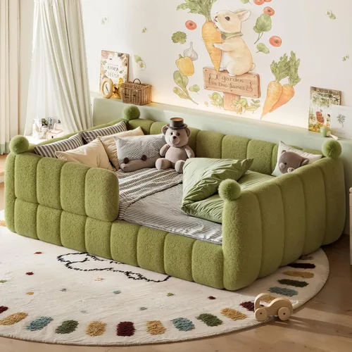 Vista 16 de Bellemave Cama Montessori tapizada de vellón de peluche de tamaño matrimonial con valla, marco de cama infantil de perfil bajo con barandillas