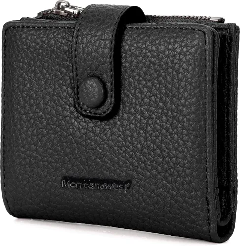 Vista 9 de Montana West Billetera pequeña para mujer, de piel auténtica, triple pliegue, tarjetero Rfid con cremallera y bolsillo para monedas, Un negro, Casual