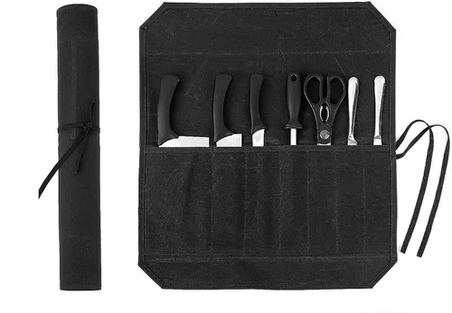 Vista 10 de Bolsa de rollo de cuchillo de lona encerada resistente, bolsa portátil para cuchillos de chef, duradera (verde militar)