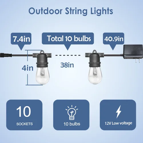 Vista 2 de GANA - Tira de luces LED de bajo voltaje de 12V y seguras para exteriores, 32 pies, 10 bombillas inastillables, 2200K, luz blanca cálida