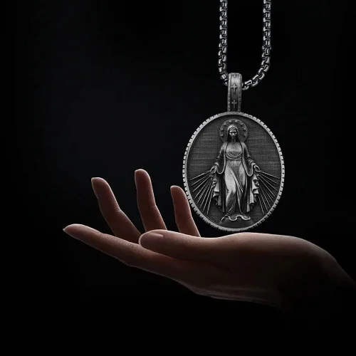 Vista 5 de Collar de la Virgen María para las mujeres y los hombres cristianos joyería oval cruz Medalla exquisito colgante 236in cadena de acero inoxidable