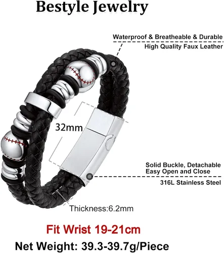 Vista 6 de Bestyle Mens Leather Bracelet with Stainless Steel BaseballSoccer Bead Bracelets for Men,Fashion Leather Bracelets for Men, Size 7.58.3Inch