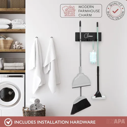 Vista 5 de Ilyapa Soporte de pared para fregona y escoba, organizador de escobas y trapeadores de madera para colgar en la pared, organizador de escobas